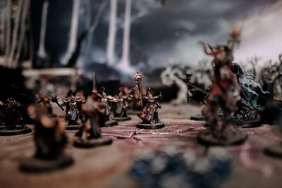 Close-up of chess pieces on table