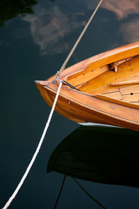 High angle view of boat moored at lake