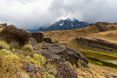 Scenic view of mountains against cloudy sky