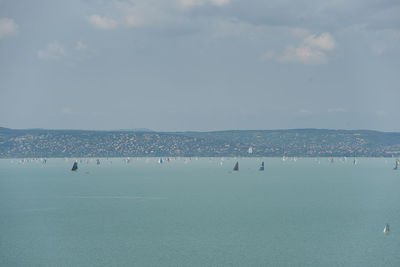 High angle view of sailboats in sea against sky