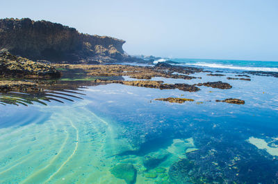 Scenic view of sea against clear blue sky