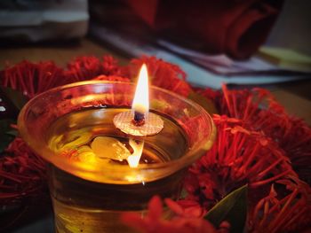 Close-up of lit tea light candles in temple