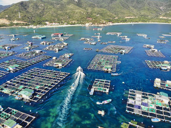 High angle view of boats in harbor