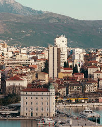 High angle view of buildings in city