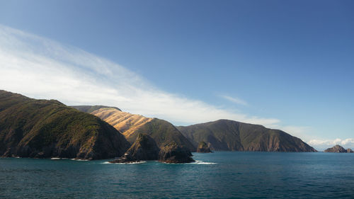 Panoramic view of sea and mountains against sky