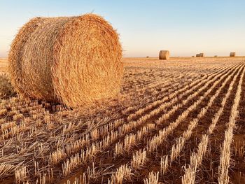 Hay bales on field against sky