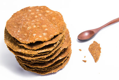 Close-up of chocolate cake against white background