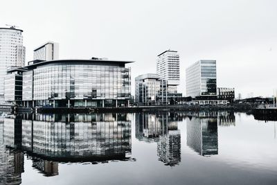 Reflection of buildings in city against clear sky