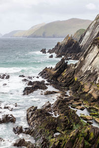 Scenic view of sea and mountains against sky