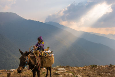 View of horse riding on mountain landscape