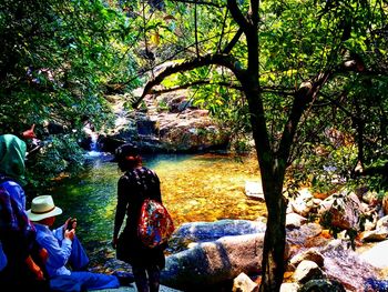 People sitting on tree by water