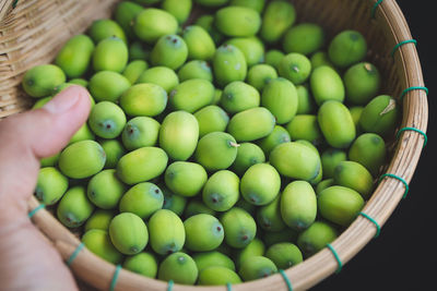 High angle view of green fruits in basket