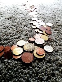 High angle view of coins on floor