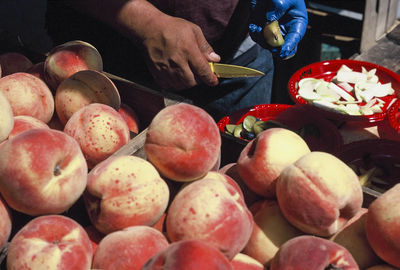 Midsection of person holding fruits at market