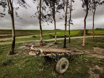 Abandoned truck on field against sky