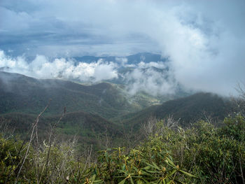 Scenic view of mountains against cloudy sky