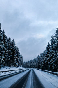 Snow covered road amidst trees against sky