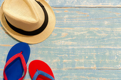 High angle view of hat on table