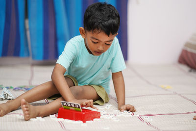 Boy playing with toy blocks at home