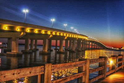 Illuminated bridge over river against sky