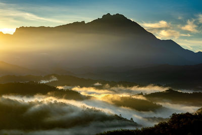 Scenic view of mountains against sky during sunset