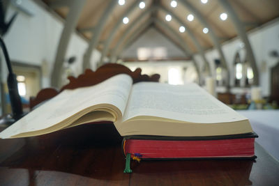 Close-up of bible books in the church.
