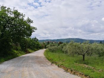 Road amidst trees on field against sky