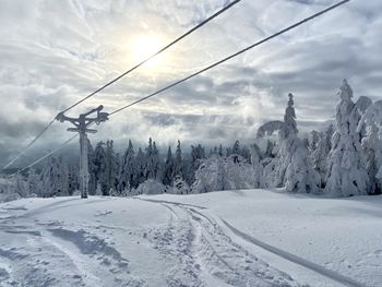 Scenic view of snow covered land against sky