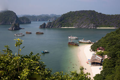 High angle view of boats in sea