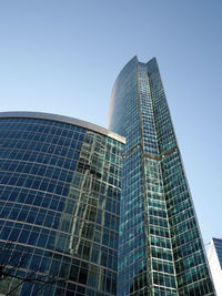 Low angle view of modern building against clear sky