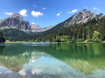 Scenic view of lake and mountains against sky
