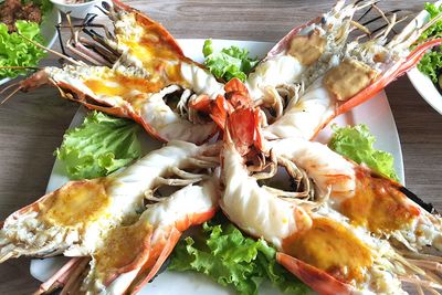 High angle view of shrimps served in plate