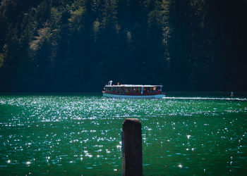 Boat sailing on sea against trees