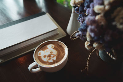 High angle view of coffee cup on table
