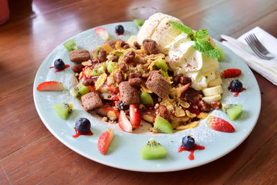 High angle view of food served in plate