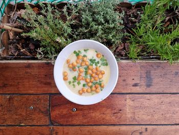 Directly above shot of food in bowl on table