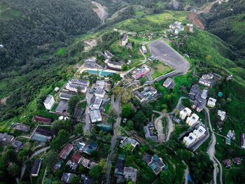 High angle view of a small town on a hill