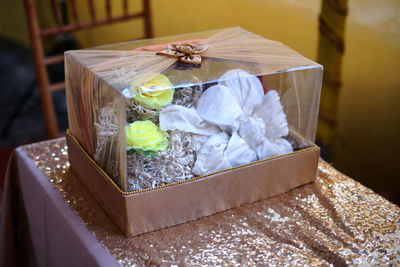 Close-up of wedding cardboard box on table