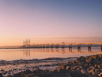 The severn bridge at sunset in gloucestershire, uk