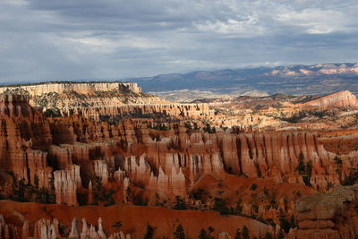 Aerial view of rock formations against cloudy sky