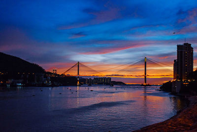 View of suspension bridge over sea during sunset