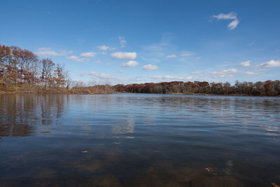 Scenic view of lake against cloudy sky