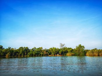 Scenic view of lake against blue sky