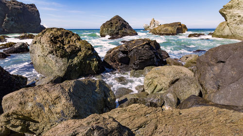 Rocks on beach against sky