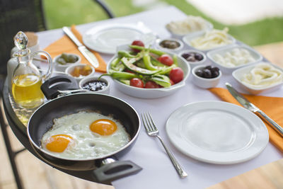 High angle view of breakfast on table