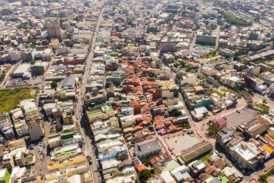 High angle view of buildings in city