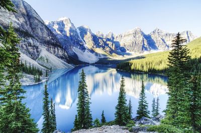 Scenic view of lake and mountains against clear sky