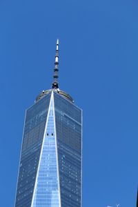 Low angle view of modern building against blue sky