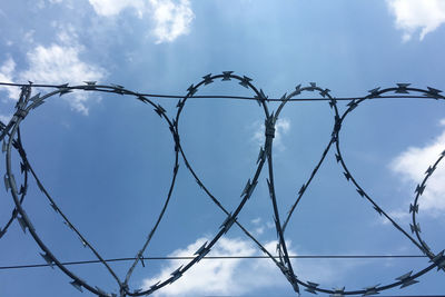 Low angle view of barbed wire against sky