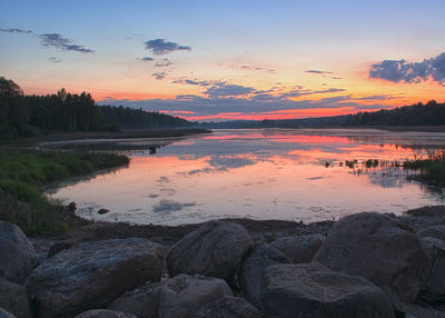 Scenic view of lake at sunset